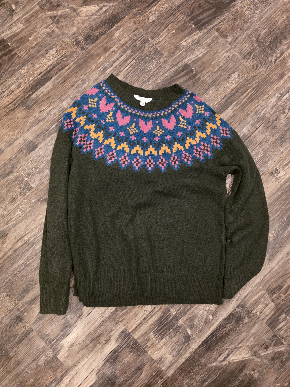 Time and Tru Olive Green Fair Isle Crewneck Sweater
